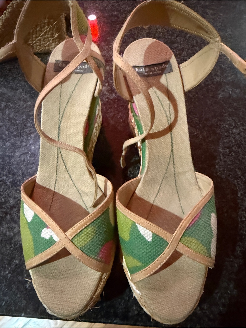 kate spade Green Floral Canvas Espadrille Wedge Sandals with Tan Straps